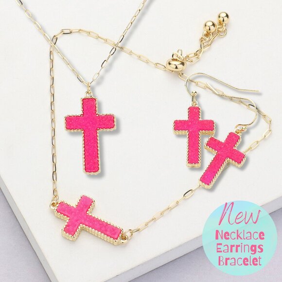 NEW Druzy Stone Sparkle Cross Pink Gold Dipped Bracelet Necklace & Earrings SET - Picture 1 of 7